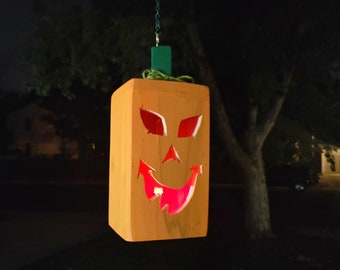 Handmade Hanging Wood Halloween Jack O Lantern Pumpkin with LED Light; Halloween Window and Porch Decorations