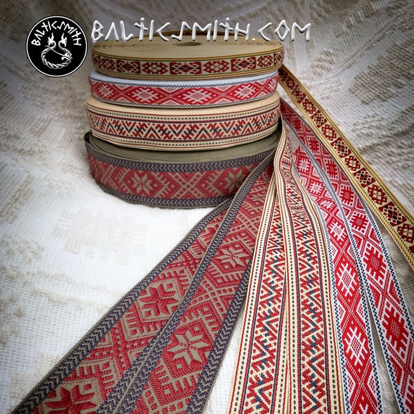 Latvian traditional ornament trim or ribbon "Auseklis" (40mm), meander (31mm), "Aka" (well) (20mm)