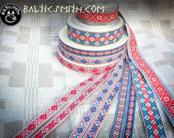 Latvian traditional ornament trim or ribbon "Auseklis" (31mm), "Aka" (17mm and 16mm), Rhombus (32mm)