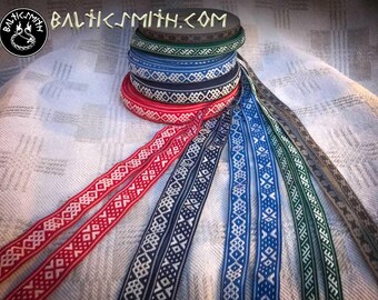 Latvian traditional ornament trim or ribbon "Auseklis," (11mm), "Ūsiņš' (12mm), "Ērgļi" (21mm)