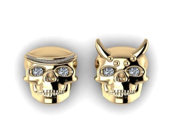 DUALITY : Gauged Diamond Skull Angel & Demon Plugs in your choice of Sterling Silver, 10k, 14k, 18k Gold, or Platinum | 0G to 1 inch+ sizes