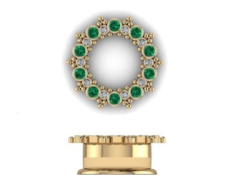 BYZANTINE DREAM : Gauged Emerald & Diamond Plugs | Your Choice of Sterling, 10k, 14k, 18k, 22k or Platinum | 0G/8mm to 1 in