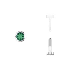 May include: A single silver stud earring with a round, emerald-green gemstone. The earring is shown from multiple angles, including a side view of the post and back.