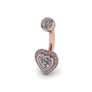 ハートの女王：ハートのへそリング | ハートのハローベリーリング | 14K ホワイト、イエロー、またはローズゴールドの天然ダイヤモンドまたはモアッサナイトベリーリング