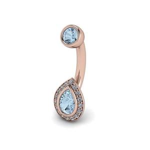 SPARKLING TEARDROP : Pear Aquamarine and Diamond Navel Ring | Sapphire and Diamond Halo Belly Ring | 14k Rose, White or Yellow Gold