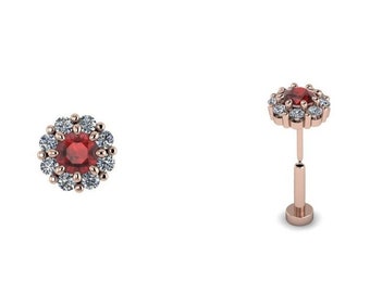 PRINCESS : Press & Fit Bohemian Garnet and Diamond Body Jewelry Stud | Push Pin Flat Back Stud | Halo Stud | 14k Gold