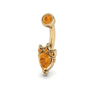 PRIYA : Teardrop Lotus Navel Ring | 14k Gold Belly Ring | Citrine Navel Ring | Citrine Belly Ring | White Gold, Yellow Gold, Rose Gold