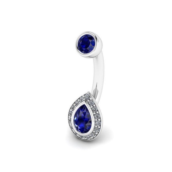 SPARKLING TEARDROP : Pear Sapphire and Diamond Navel Ring | Sapphire and Diamond Halo Belly Ring | 14k Rose, White or Yellow Gold