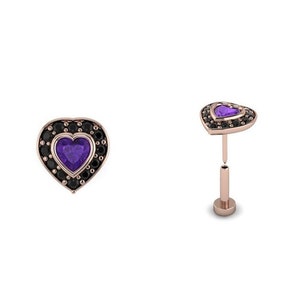 QUEEN OF HEARTS : Press & Fit Body Jewelry Stud | Push Pin Flat Back Stud | Black Diamond and Amethyst Heart Halo Stud | 14k Gold