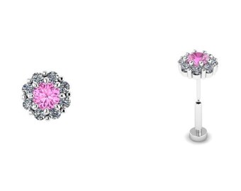 PRINCESS : Press & Fit Pink Sapphire and Diamond Body Jewelry Stud | Push Pin Flat Back Stud | Halo Stud | 14k Gold