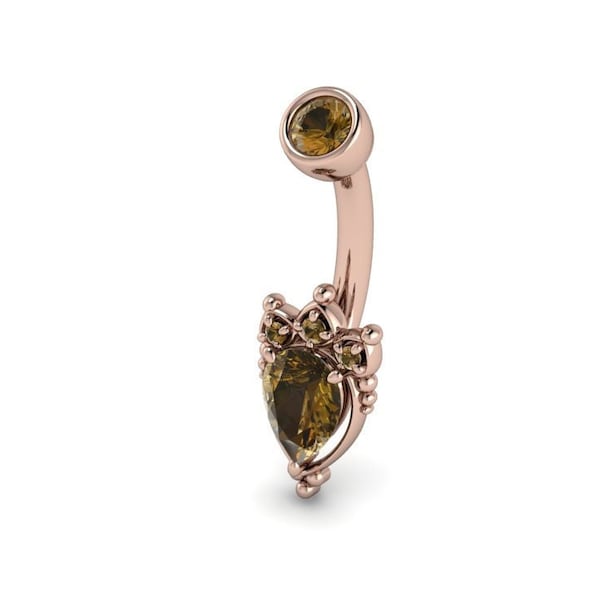 PRIYA : Teardrop Lotus Navel Ring | 14k Gold Belly Ring | Smoky Quartz Navel Ring | Smokey Quartz | White Gold, Yellow Gold, Rose Gold
