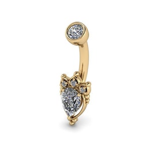 PRIYA : ティアドロップ ロータス へそリング | 14K ゴールド へそリング | 天然ダイヤモンドまたはモアッサナイトのへそリング (ホワイト、イエロー、ローズ ゴールド)