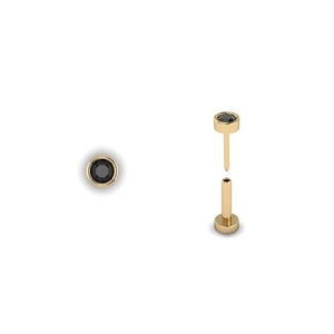 PECA: Pequeño pendiente con engaste en bisel / Perno prisionero con presión y ajuste / Perno prisionero con pasador a presión y parte posterior plana / Oro de 14 k / Diamante negro de 2 mm o 3 mm
