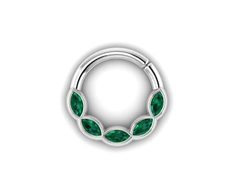 NAVETTE : Seamless Marquise Emerald Hoop | Septum Ring | Nose Ring | Helix Ring | Tragus Ring  | Your choice of 14k, 18k or Platinum