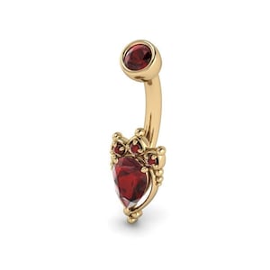PRIYA : Teardrop Lotus Navel Ring | 14k Gold Belly Ring | Garnet Navel Ring | Garnet Belly Ring | White Gold, Yellow Gold, Rose Gold
