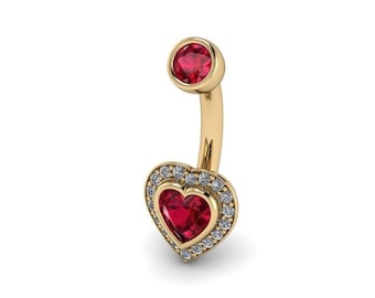 QUEEN OF HEARTS : Heart Navel Ring | Heart Halo Belly Button Ring | Ruby & Diamond Belly Ring in 14k White, Yellow, or Rose Gold