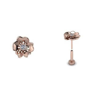 BLOOM : Press & Fit Body Jewelry Stud / Push Pin Flat Back Stud / Cherry Blossom Stud / Flower Stud / 14k blanco, rosa o amarillo con diamante
