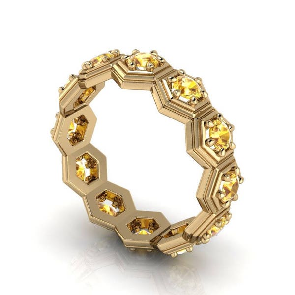 BEE-LOVED: Hexagonal Yellow Sapphire Eternity Band in your choice of 14k Gold, 18k Gold, or Platinum!