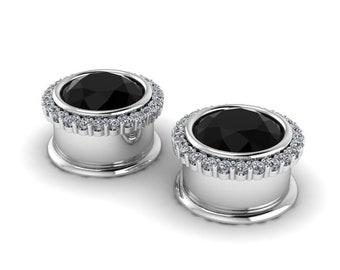 BEJEWELED : Gauged Black Onyx & Diamond Halo Plugs in your choice of Sterling, 10k, 14k, 18k, 22k, or Plat | 8G/3mm to 1/2 inch+ sizes