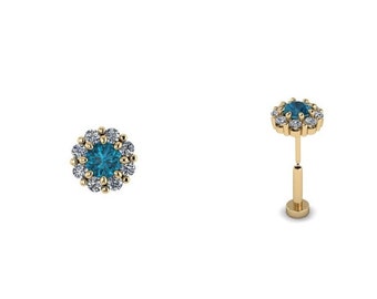 PRINCESS : Press & Fit London Blue Topaz and Diamond Body Jewelry Stud | Push Pin Flat Back Stud | Halo Stud | 14k Gold