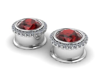 BEJEWELED : Gauged Garnet & Diamond Halo Plugs in your choice of Sterling, 10k, 14k, 18k, 22k, or Plat | 8G/3mm to 1/2 inch+ sizes