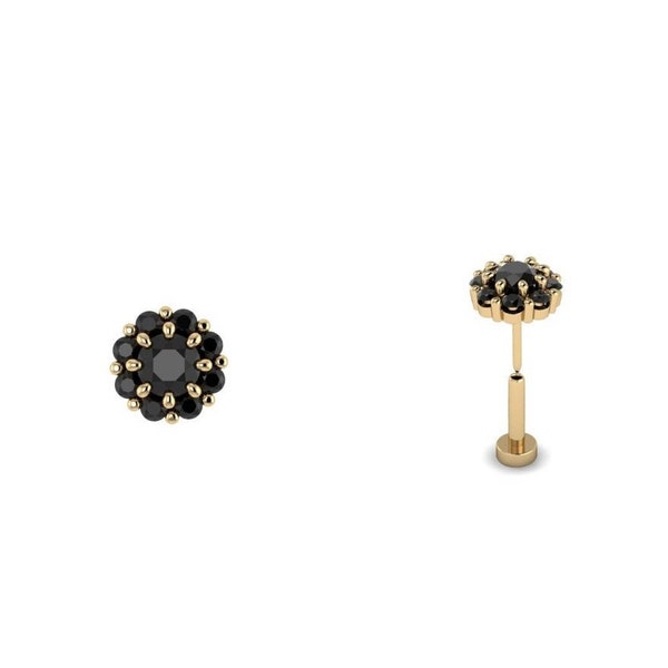 PRINCESS : Press & Fit Black Diamond Body Jewelry Stud | Push Pin Flat Back Stud | Halo Stud | 14k White, Yellow or Rose Gold