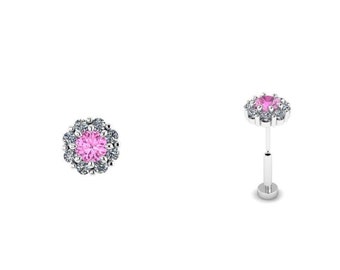 PRINCESS : Press & Fit Pink Sapphire and Diamond Body Jewelry Stud | Push Pin Flat Back Stud | Halo Stud | 14k Gold