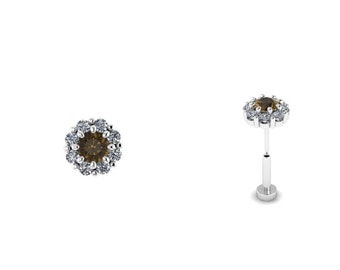 PRINCESS : Press & Fit Smokey Quartz and Diamond Body Jewelry Stud | Push Pin Flat Back Stud | Halo Stud | 14k Gold