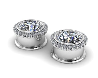 BEJEWELED : Gauged Moissanite & Diamond Halo Plugs in your choice of Sterling, 10k, 14k, 18k, 22k, or Plat | 8G/3mm to 1/2 inch+ sizes