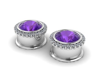 BEJEWELED : Gauged Amethyst & Diamond Halo Plugs in your choice of Sterling, 10k, 14k, 18k, 22k, or Plat | 8G/3mm to 1/2 inch+ sizes