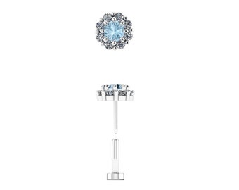 PRINCESS : Press & Fit Aquamarine and Diamond Body Jewelry Stud | Push Pin Flat Back Stud | Halo Stud | 14k White, Yellow or Rose Gold