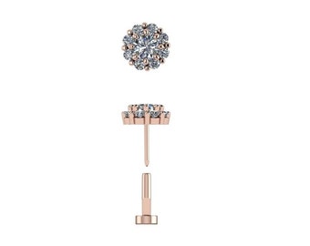 PRINCESS : Boucles d'oreilles diamant pour le corps Press & Fit | Goujon à épingle à dos plat | Clou halo de diamants | Or blanc, rose ou jaune 14 carats
