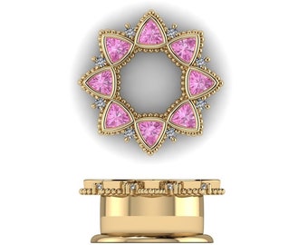 TRILLIUM : Gauged Trillion Pink Sapphire & Diamond Plugs in your choice of Sterling Silver, 10k, 14k, 18k, 22k, or Platinum | 12mm to 1 inch