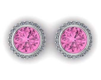 BEJEWELED : Gauged Pink Topaz & Diamond Halo Plugs in your choice of Sterling, 10k, 14k, 18k, 22k, or Plat | 6G/4mm to 1/2 inch+ sizes