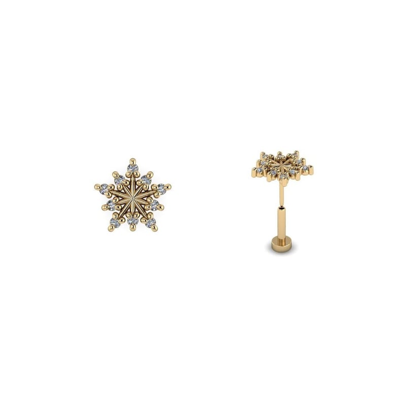 ANDROMEDA : Press & Fit Body Diamond Jewelry Stud Push Pin Flat Back Stud Starburst Stud 14k White, Rose or Yellow with Diamond image 1