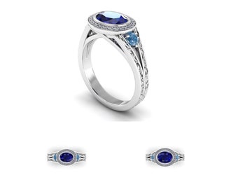 EDINBURGH : Scrollwork Ring | Split Shank | Halo | Sapphire Engagement | Vintage | Oval | Bezel Set | East West Ring | Pale Blue Sapphire