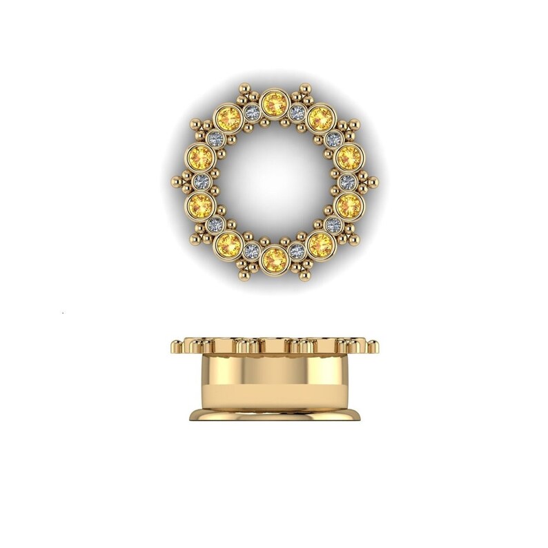 BYZANTINE DREAM : Gauged Yellow Sapphire & Diamond Plugs Your Choice of Sterling, 10k, 14k, 18k, 22k or Platinum 0G/8mm to 1 in image 1