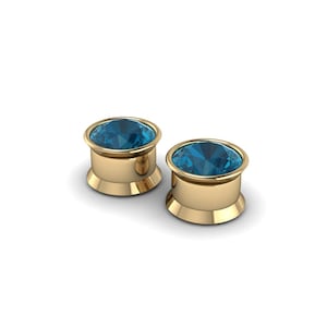 FLARE : London Blue Topaz Gemstone Gauges | Gemstone Plugs | Sterling Silver, 10K, 14k, 18k Gold, or Plat | 6G/4mm to 00G/10mm