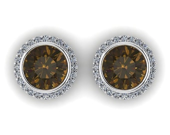 BEJEWELED : Gauged Smokey Quartz & Diamond Halo Plugs in your choice of Sterling, 10k, 14k, 18k, 22k, or Plat | 8G/3mm to 1/2 inch+ sizes