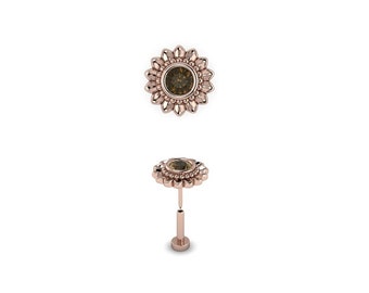 SUNNY : Press & Fit Smokey Quartz Body Jewelry Stud | Push Pin Flat Back Stud | Sunburst Stud | 14k White, Rose or Yellow Gold