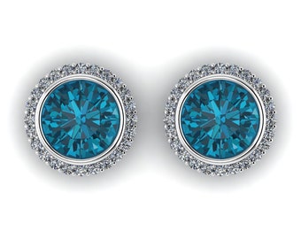 BEJEWELED : Gauged London Blue Topaz & Diamond Halo Plugs in your choice of Silver, 10k, 14k, 18k, 22k, or Plat | 8G/3mm to 1/2 inch+ sizes