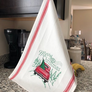 Vintage Kitchen Towel, Retro Truck Kitchen Towel, Floursack Towel, Christmas Kitchen Decor, Christmas Decor, Embroidered Kitchen Towel