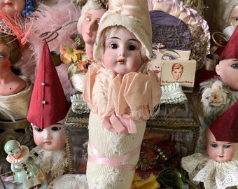 Antique German doll head stuffed pincushion boot silk ribbon pierrot clown