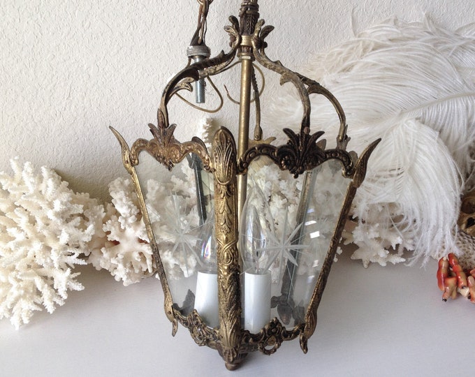 Vintage Lantern Pendant Light Ornate Brass Glass Chandelier Etsy