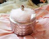 Vintage German pink powder puff case antique porcelain pierrot clown head mercury glass beauty powder box swan down feather puff boudoir jar
