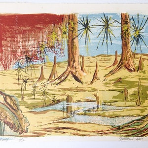 Vintage 50s landscape print original silkscreen mid century signed serigraph
