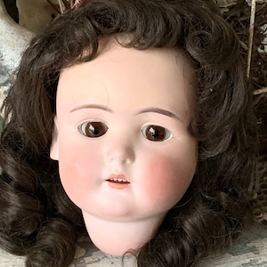 Antique porcelain doll head old salvaged doll part glass eyes creepy cute display