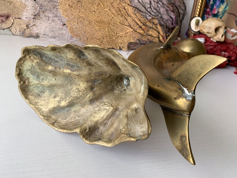 Vintage large brass dolphin statue modern dolphin with ball in mouth fun beach cottage decor big fish sphere sculpture 16.5 inch