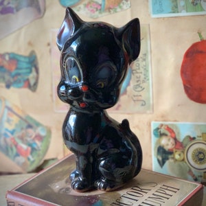 Vintage black cat figurine retro Japan painted pottery big head kitty 8 inch tall