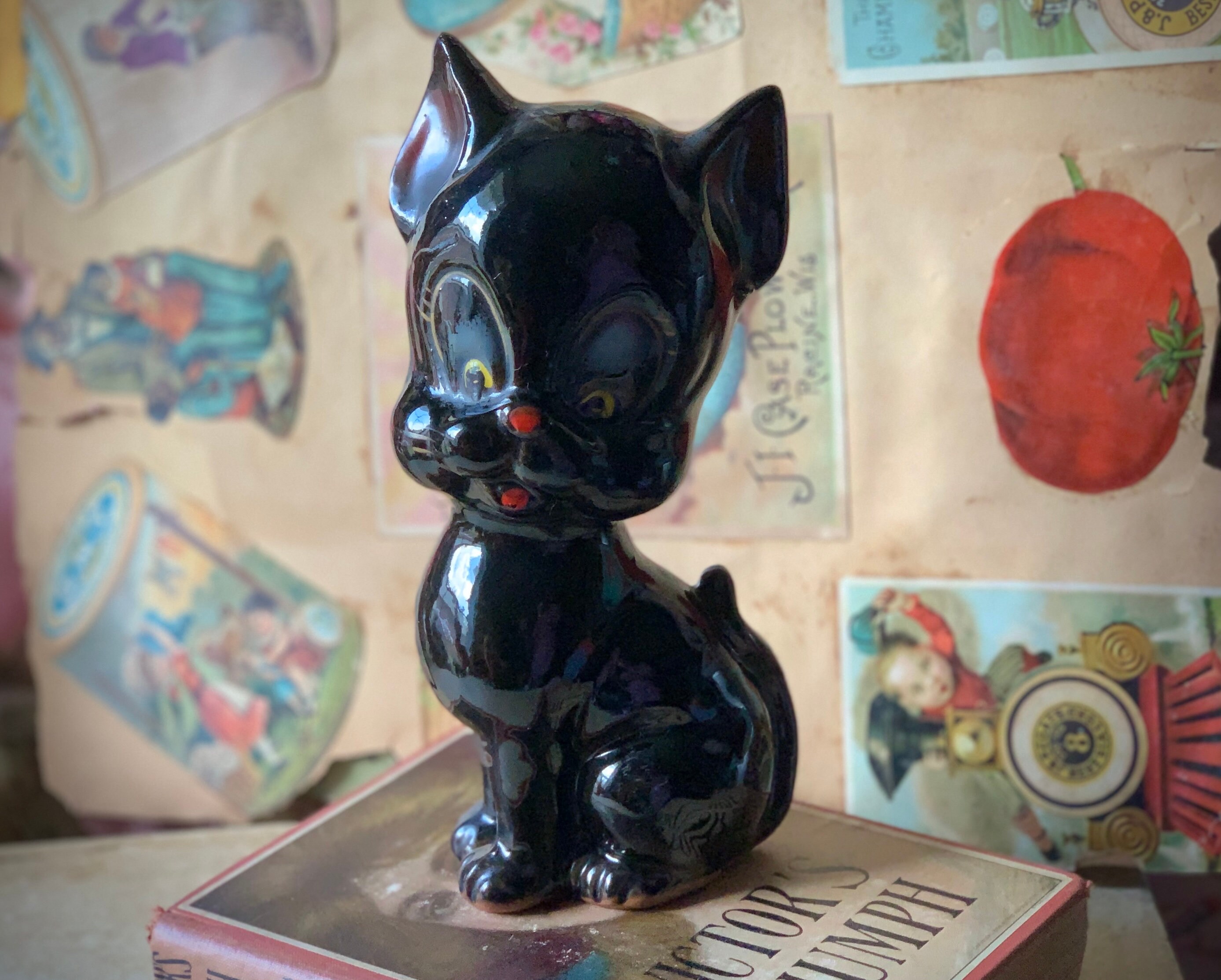 チーター？Deco Figurine Black Cat 90 Vintage Black Cat Figurine Retro Japan Painted Pottery Big